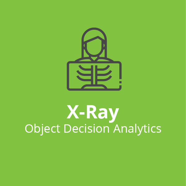 Human figure with X-ray chest scan icon for XRay object decision analytics tool driving automation workflow and intelligent decision making within ALICE® digital accelerators