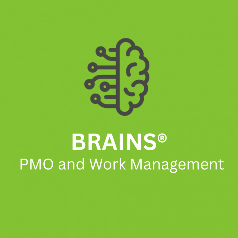 BRAINS PMO and Work Management product icon showing half brain half circuit board on green background by Brillient